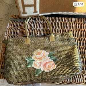 Beautiful NWOT Gold/Black Faux Leather Basket Weave Hand Painted Tote Bag